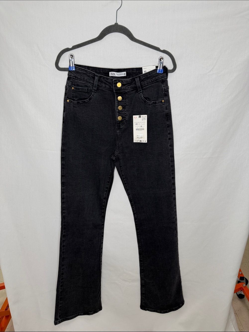 Zara Black High-Rise Flare Jeans with Gold Buttons